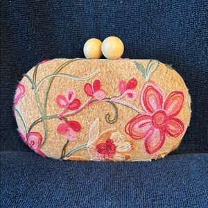 Haute Hippie Oval Embroidered Floral Cork Clutch Purse w Convertible Chain